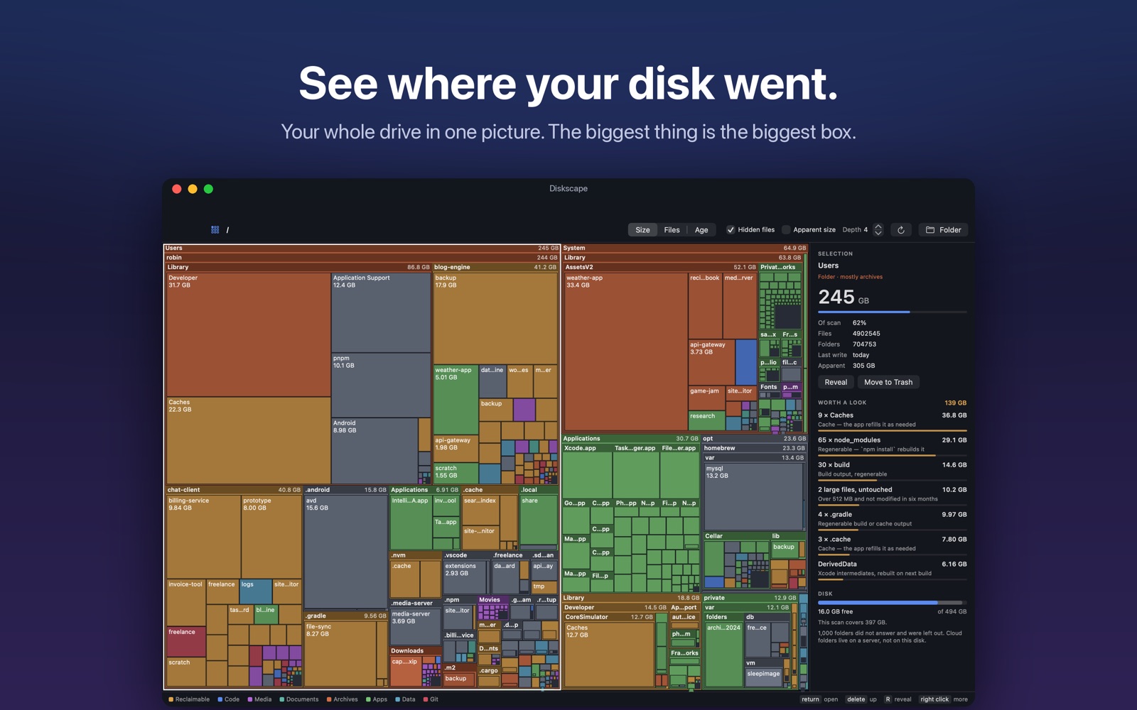 Diskscape showing a whole Mac disk as a treemap, with a Worth a look list of caches, node_modules and DerivedData